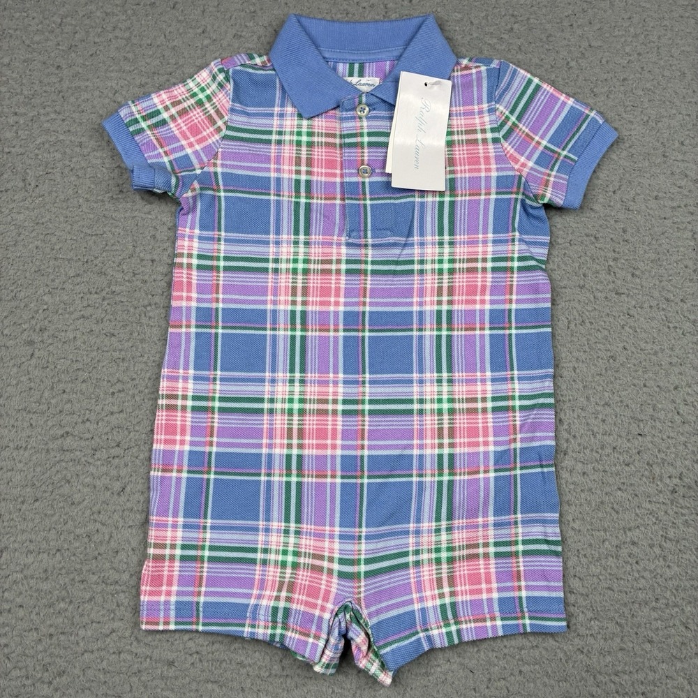 Ralph Lauren Baby Boys Plaid Polo Romper 9M Blue Pink Green Cotton NWT